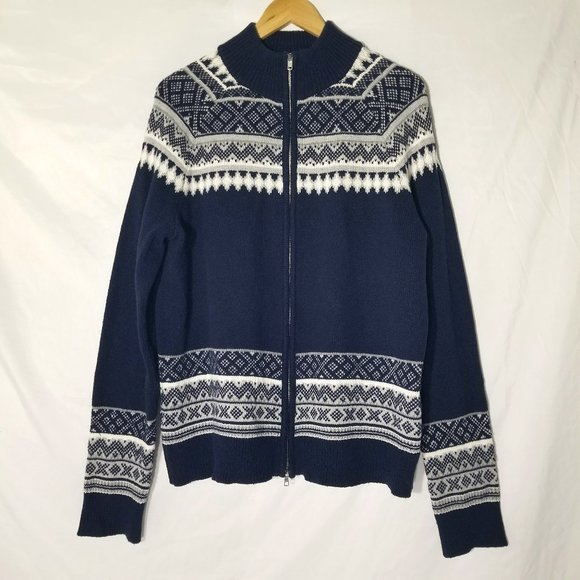 Goodfellow & Co Mens L Full Zip Cardigan Sweater Navy Blue Cream Chevron Argyle - Picture 1 of 12